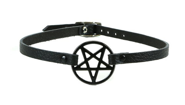 Black Inverted Pentagram Black Leather Choker Necklace 1/2" wide