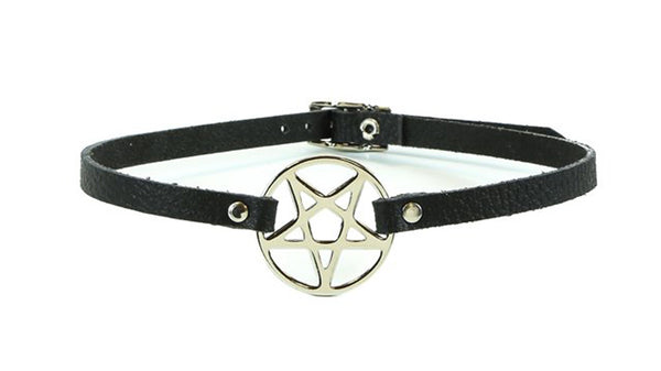 Silver Inverted Pentagram Black Leather Choker Necklace 1/2" wide