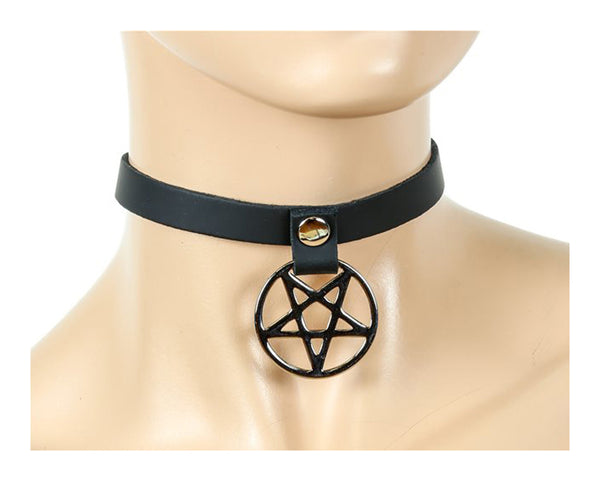 1/2" Black Leather Choker Necklace w/ Black Inverted Pentagram