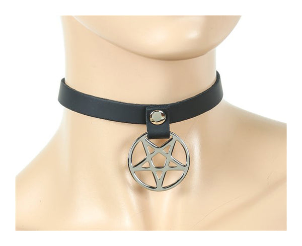 1/2" Black Leather Choker Necklace w/ Silver Inverted Pentagram