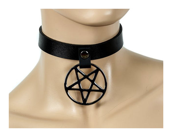 1" Black Leather Choker Necklace w/ Black Inverted Pentagram