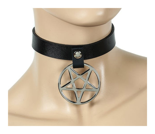 1" Black Leather Choker Necklace w/ Silver Inverted Pentagram