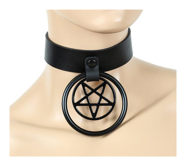 1-1/2" Black Leather Choker Necklace w/ Black Inverted Pentagram & O-Ring