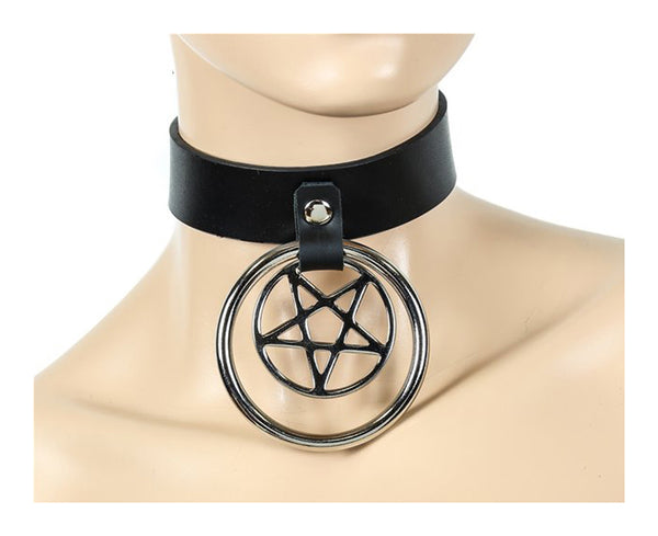 1-1/2" Black Leather Choker Necklace w/ Silver Inverted Pentagram & O-Ring