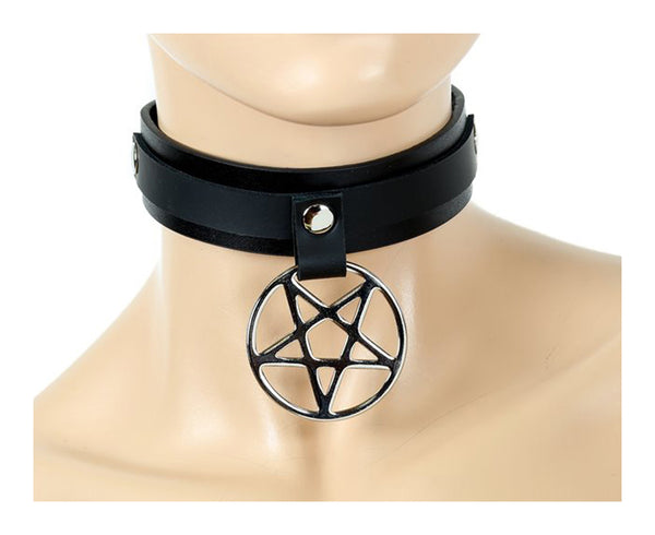 1-1/2" Black Leather Strap Choker Necklace w/ & Black Inverted Pentagram