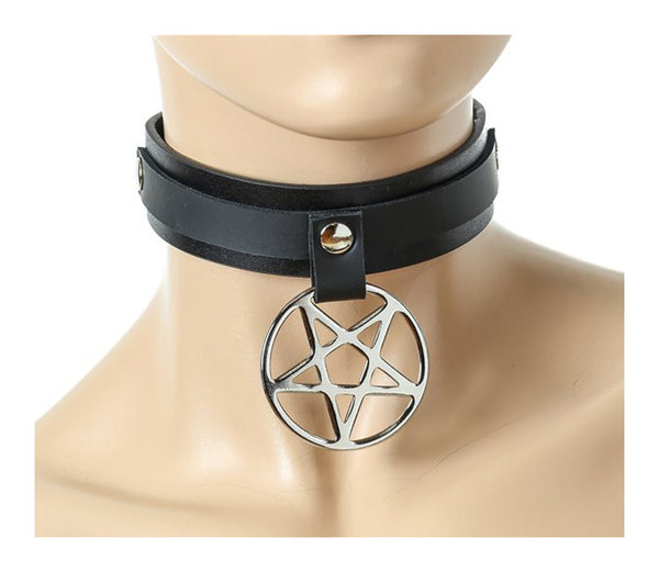 1-1/2" Black Leather Strap Choker Necklace w/ & Silver Inverted Pentagram