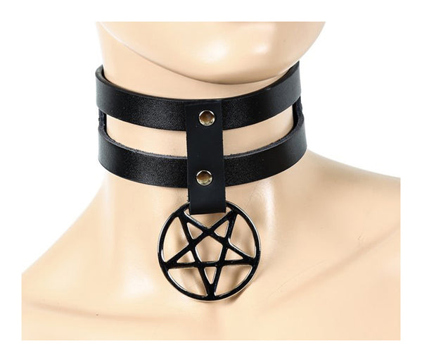 2" Black Leather 2-Strap Choker Necklace w/ & Black Inverted Pentagram