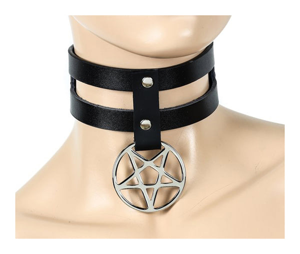 2" Black Leather 2-Strap Choker Necklace w/ & Silver Inverted Pentagram