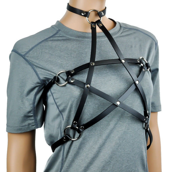 Pentagram Black Leather Women's Fashion Harness w/ Choker