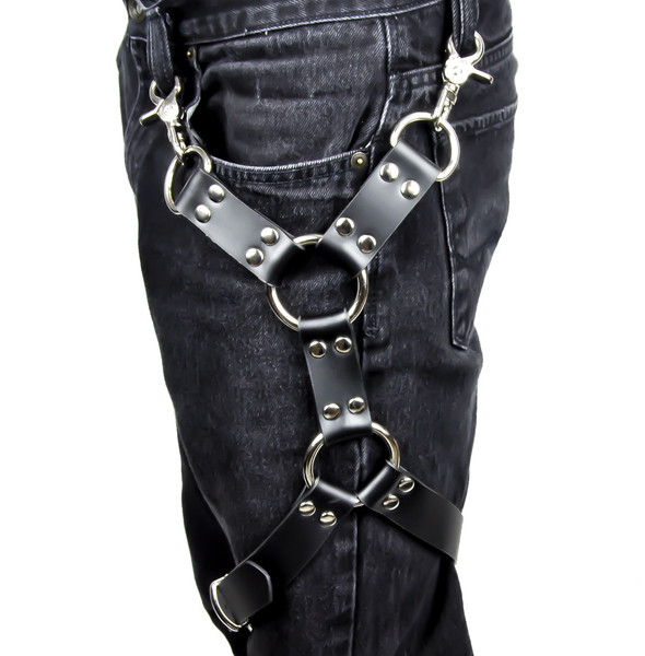 Double Silver O Ring Black Leather Thigh Leg Harness