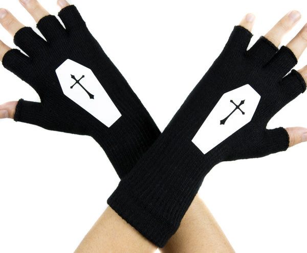 Voodoo Coffin with Cross Black Fingerless Gloves Arm Warmers Alternative Casket