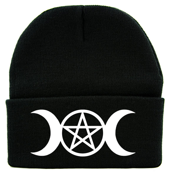 White Triple Moon Goddess Wicca Pentagram Cuff Beanie Knit Cap Pagan Three Witchcraft