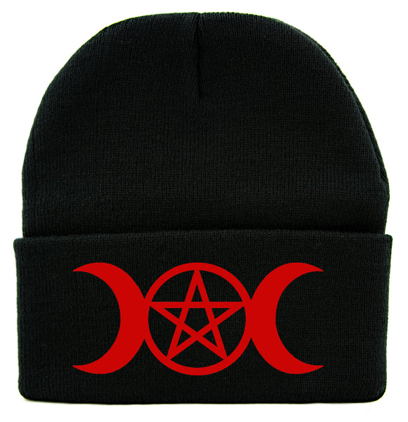 Red Triple Moon Goddess Wicca Pentagram Cuff Beanie Knit Cap Pagan Three Witchcraft