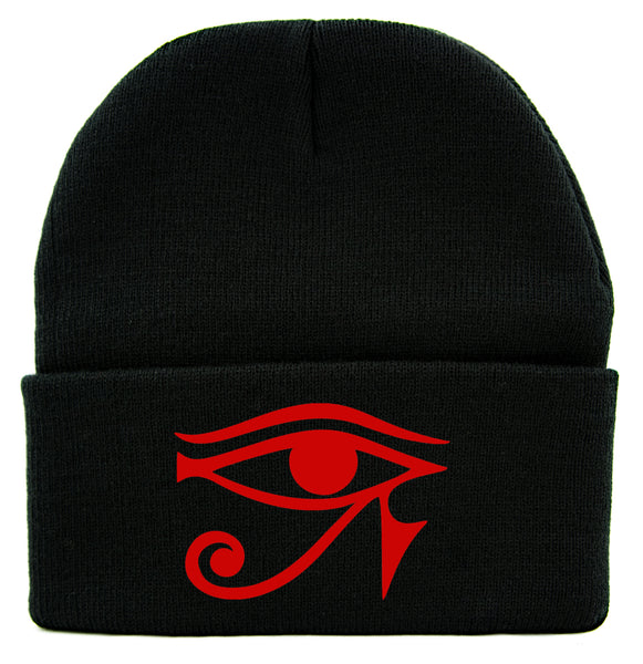 Red Egyptian God Eye of Ra Horus Cuff Beanie Knit Cap Ancient Egypt Sun God