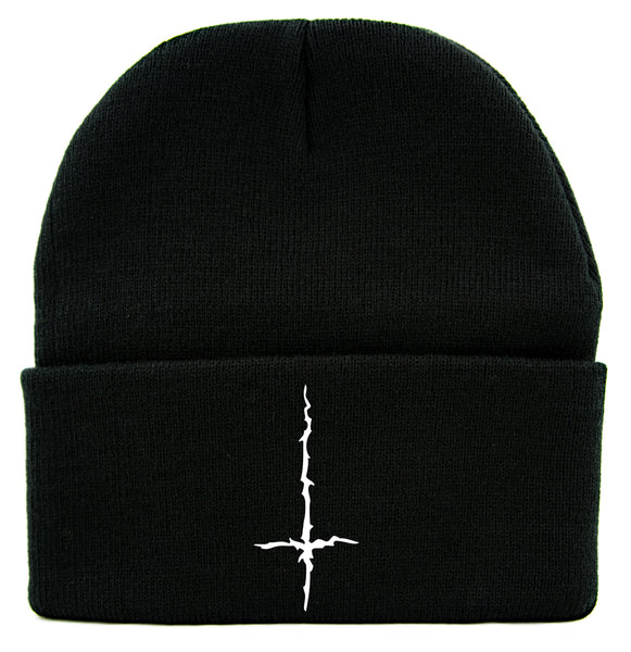 White Inverted Cross Cuff Beanie Knit Cap Black Metal Occult