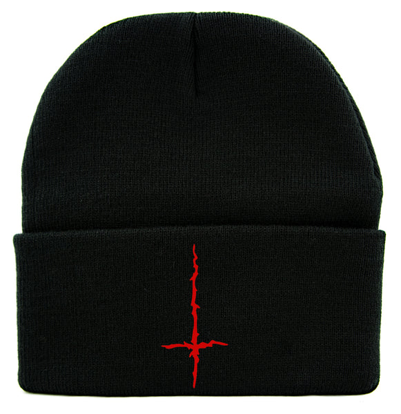 Red Inverted Cross Cuff Beanie Knit Cap Black Metal Occult