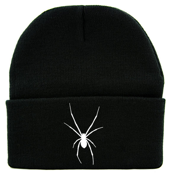 White Print Black Widow Spider Cuff Beanie Knit Cap Goth Punk