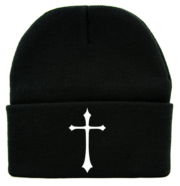 White Medieval Holy Gothic Cross Cuff Beanie Knit Cap