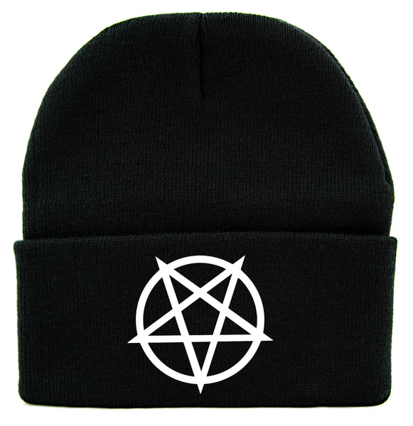 White Inverted Pentagram Cuff Beanie Knit Cap Metal Occult