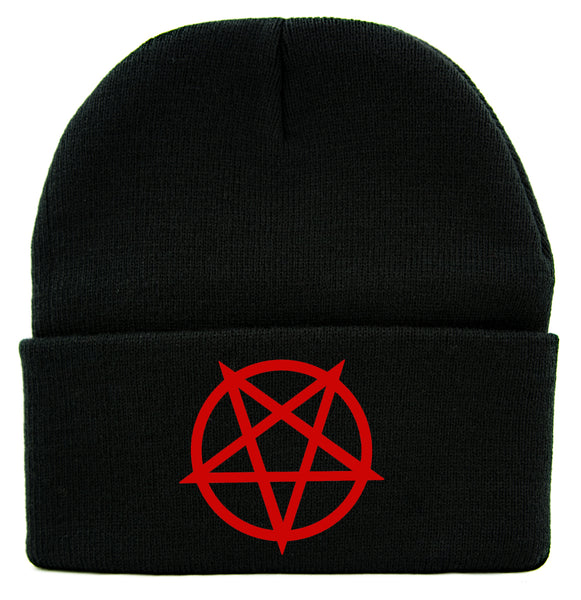 Red Inverted Pentagram Cuff Beanie Knit Cap Metal Occult