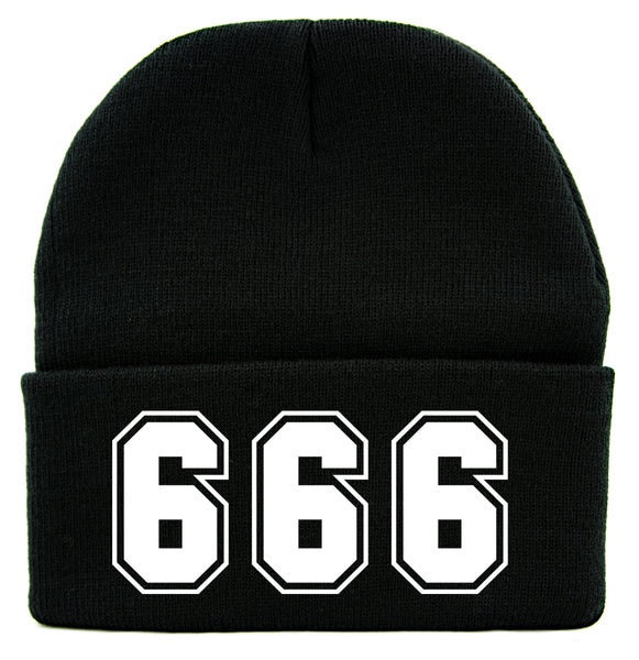 White 666 Number of The Beast Cuff Beanie Knit Cap Black Metal Occult