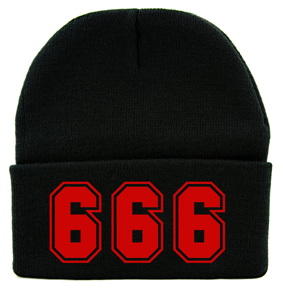 Red 666 Number of The Beast Cuff Beanie Knit Cap Black Metal Occult