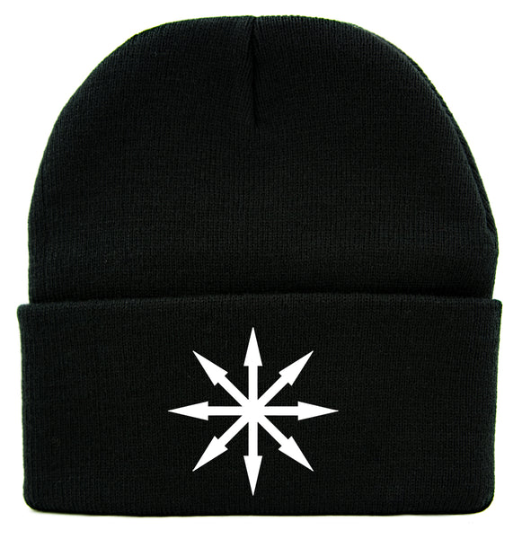 White Chaos Star Symbol of Eight Arrows Cuff Beanie Knit Cap Occult
