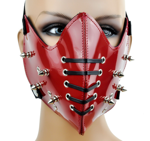 Red PVC Motorcycle Riding Mask Corset Spike Biker Cosplay