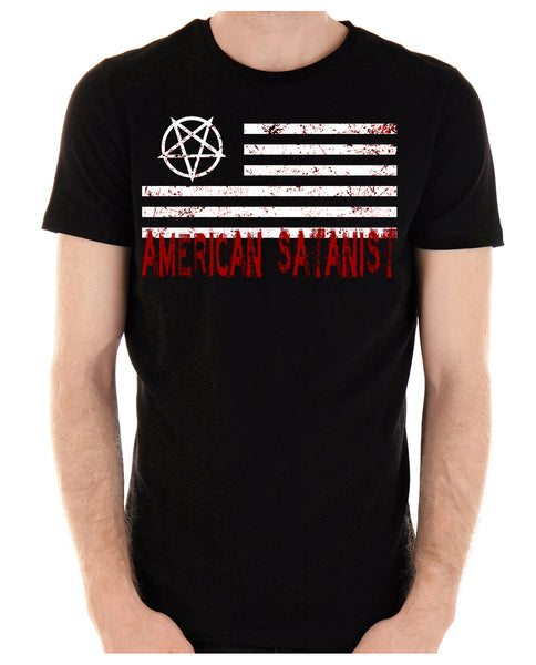 American Satanist Bloody Flag Pentagram T-Shirt Hail Satan Occult Alternative Clothing