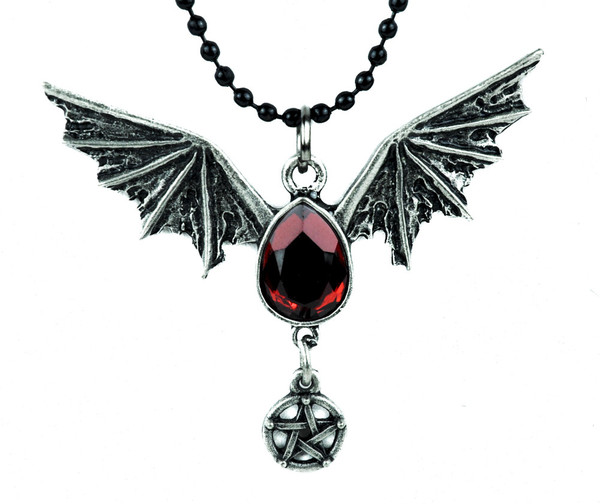Bat Wing Red Stone Pentagram Necklace Gothic Jewelry