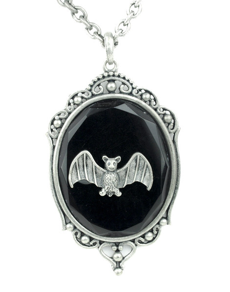 Vampire Bat in Victorian Setting Necklace Black Stone Gothic Jewelry