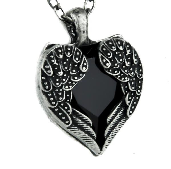 Black Stone Heart Necklace with Gothic Wings