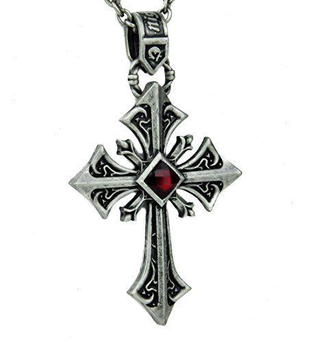 Silver Gothic Cross Necklace with Red Stone