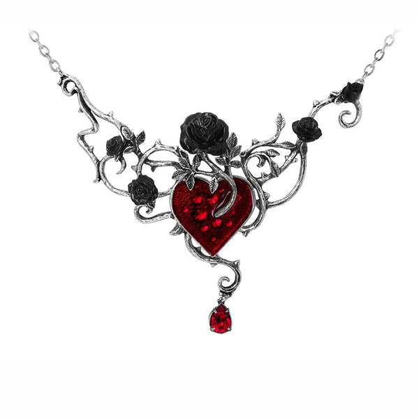 Alchemy Gothic Bed Of Blood Black Roses & Red Heart & Teardrop Pendant Necklace