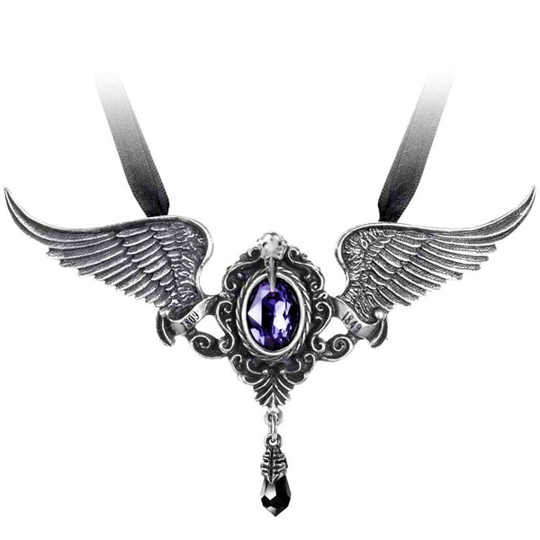 Alchemy Gothic My Soul from the Shadow Pendant Necklace w/ Raven Skull, Wings & Purple Cameo