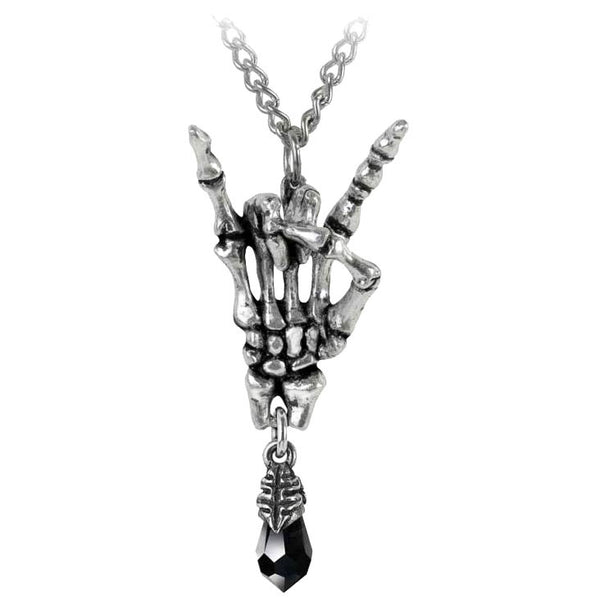 Alchemy Gothic Maloik: Sign Of The Horns Maschio Skeleton Hand Pendant w/ Teardrop Necklace