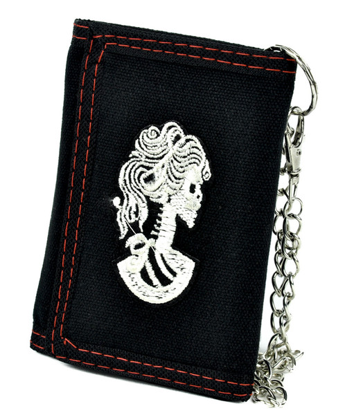 Lady of Death Skeleton Cameo Tri-fold Wallet w/ Chain Occult Clothing
