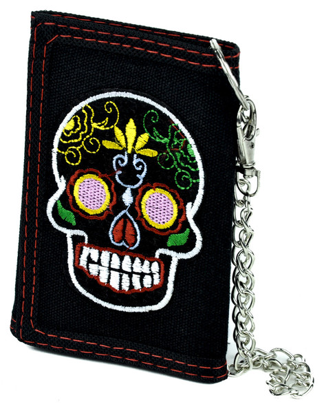 Sugar Skull Tri-fold Wallet w/ Chain Dia De Los Muertos