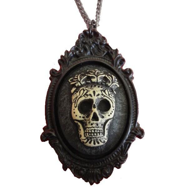 Black Sugar Skull w/ Rose Crown Cameo Necklace Day of the Dead