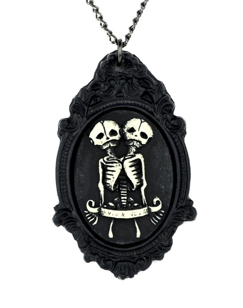 Two Headed Conjoined Twins Skeleton Cameo Necklace Black Victorian
