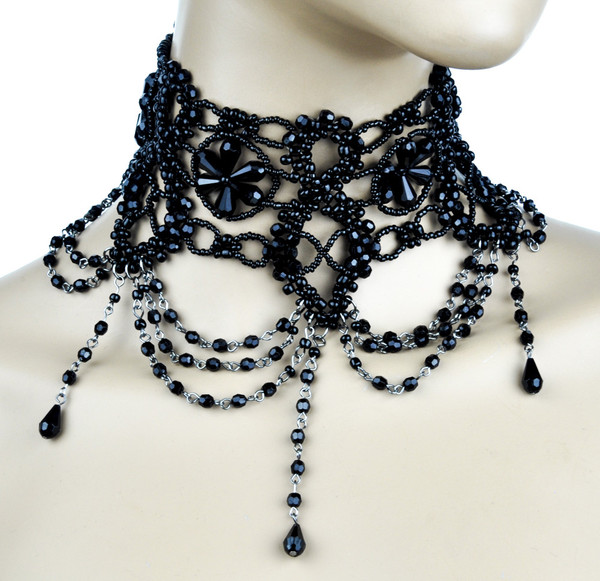 Black Bead Victorian Style Burlesque Choker Gothic Necklace