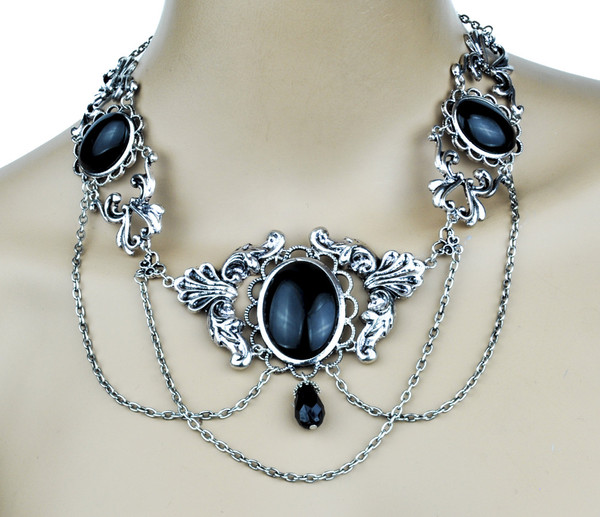 Gothic Victorian Choker w/ Black Cabochons Necklace