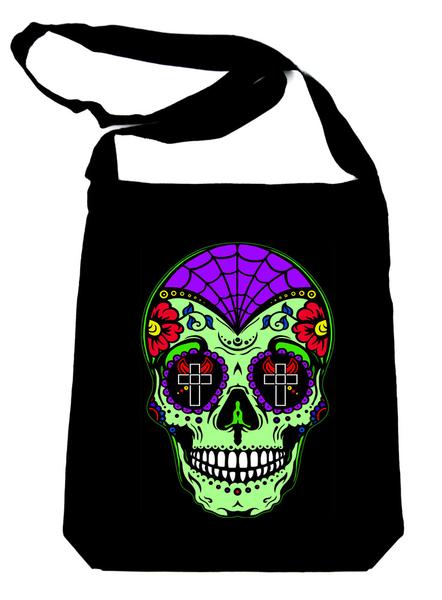 Mexican Sugar Skull on Black Sling Bag Day of the Dead Book Bag