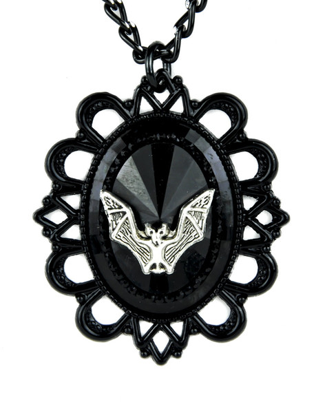 Large Black Rhinestone with Bat Necklace Victorian Setting