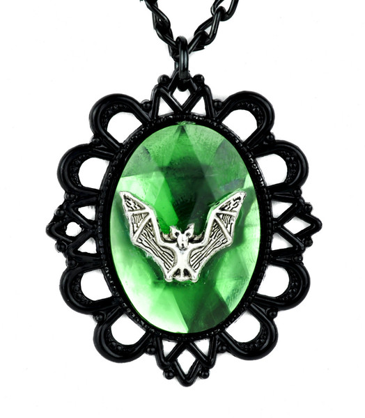Large Green Rhinestone with Bat Necklace Victorian Setting