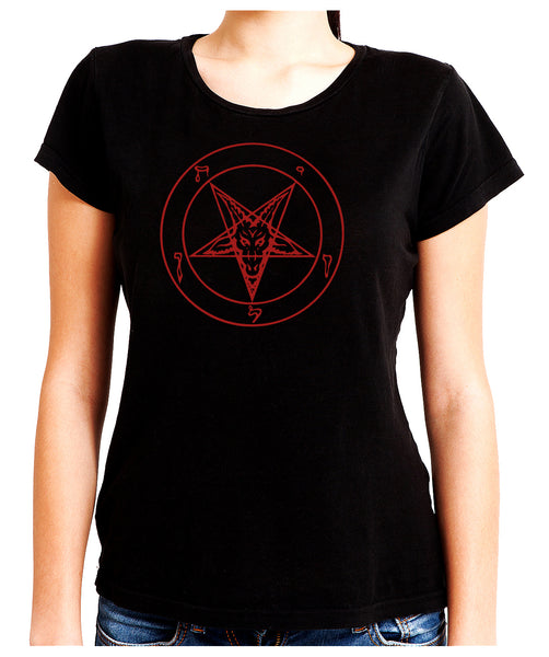 Red Baphomet Inverted Pentagram Women's Babydoll Shirt Top Occult