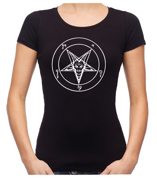 White Baphomet Inverted Pentagram Women's Babydoll Shirt Top Occult