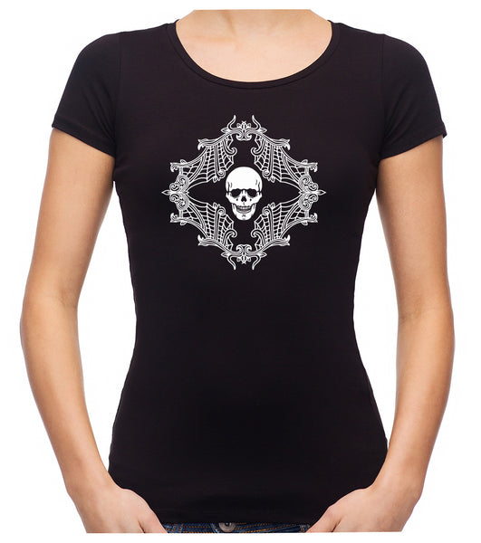 Skull w/ Spiderweb Cameo Women's Babydoll Shirt Top Gothic Clothing