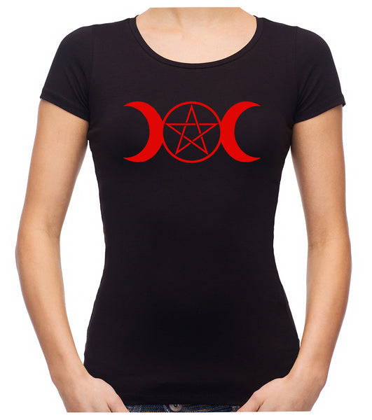 Red Triple Moon Goddess Pentagram Women's Babydoll Shirt Top Witchy Clothing