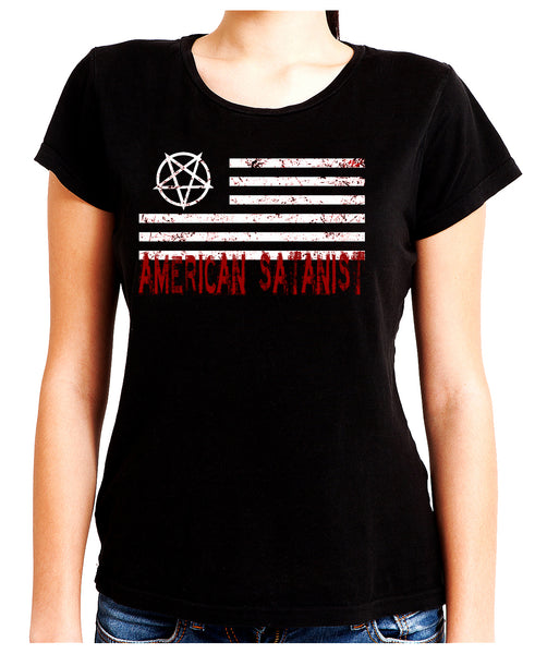 American Satanist Bloody Flag Pentagram Women's Babydoll Shirt Hail Satan Occult Alternative Clothing